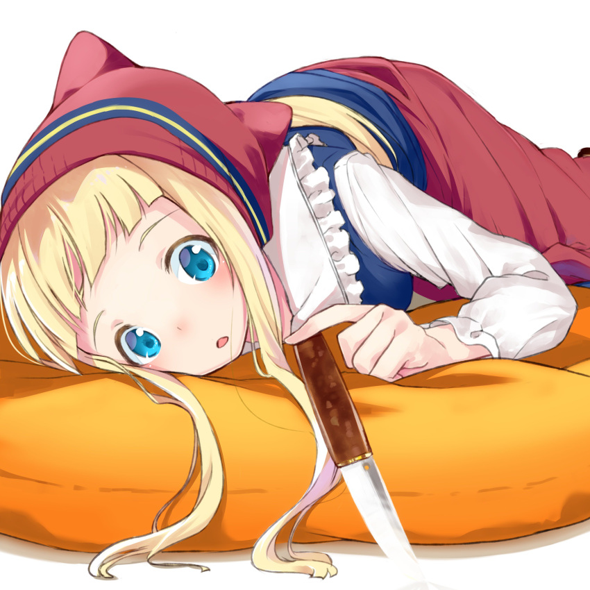 1girl absurdres bangs blonde_hair blue_eyes blunt_bangs borrowed_character dress dx_(dekusu) eila_halltunen hat highres holding holding_weapon knife long_hair long_sleeves looking_at_viewer lying on_stomach open_mouth original pillow sidelocks simple_background solo tareme traditional_clothes triangle_mouth weapon white_background