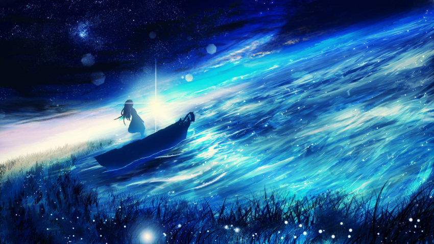 1girl blue boat clouds dress grass highres light long_hair ocean original outdoors scenery silhouette sky solo standing star_(sky) starry_sky sun sunrise water watercraft y_y_(ysk_ygc)