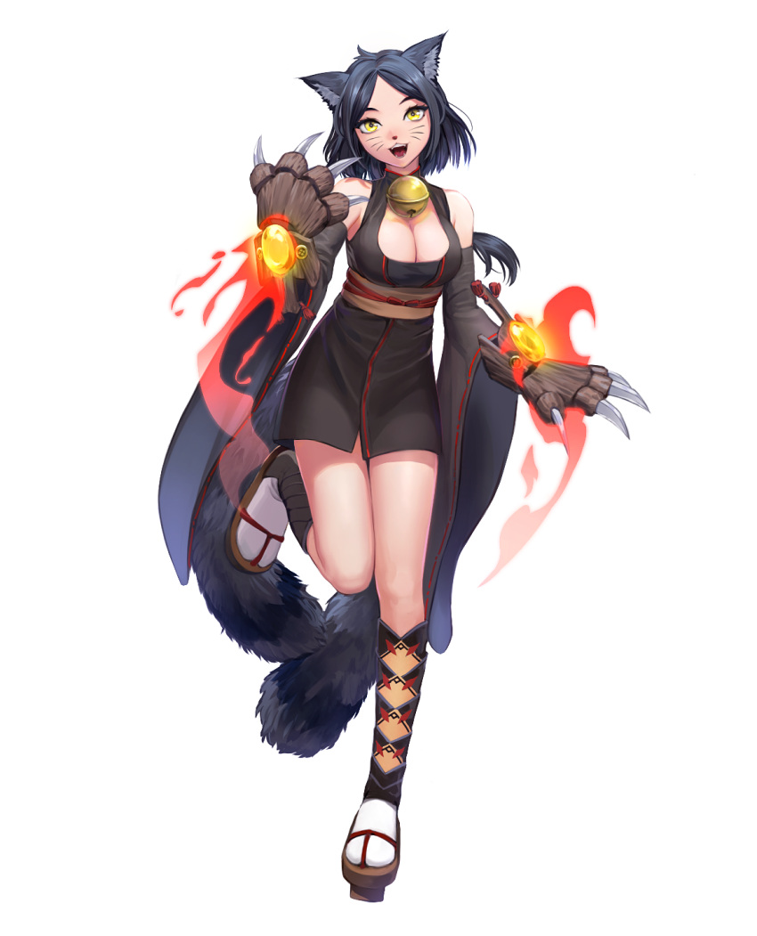 1girl animal_ears black_hair blush breasts cat_ears cat_paws character_request cleavage full_body highres hoodp large_breasts looking_at_viewer onmyoji open_mouth paws sandals short_hair smile solo teeth yellow_eyes