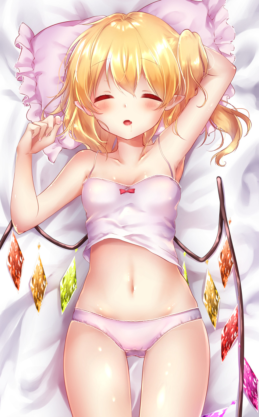 1girl armpits bare_arms bare_legs bed_sheet blonde_hair camisole closed_eyes flandre_scarlet highres lying navel on_back panties pillow pink_panties pointy_ears shanghai_bisu side_ponytail sleeping solo stomach touhou underwear underwear_only wings