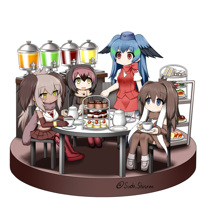 10s 4girls :d bangle black_hair black_shoes blue_eyes blue_hair blue_hat blush bow bracelet breasts brown_gloves brown_hair brown_legwear brown_scarf brown_shoes brown_skirt cake closed_mouth commentary_request cup dark_skin detached_sleeves dodo_(kemono_friends) doughnut elbow_gloves eyebrows_visible_through_hair facial_mark food full_body fur_collar fur_trim gloves green_hair hair_between_eyes hat head_wings highres holding holding_cup japari_symbol jewelry kemono_friends long_hair long_sleeves macaron mammoth_(kemono_friends) maroon_hair medium_breasts midriff multicolored_hair multiple_girls north_island_giant_moa_(kemono_friends) open_mouth pantyhose passenger_pigeon_(kemono_friends) pleated_skirt red_bow red_eyes red_legwear red_skirt red_vest sandwich saucer serving_cart shirt shoes short_sleeves sitting skirt smile standing sudo_shinren teacup teapot twitter_username two-tone_hair two_side_up very_long_hair vest white_background white_hair white_legwear white_shirt white_shoes yellow_eyes