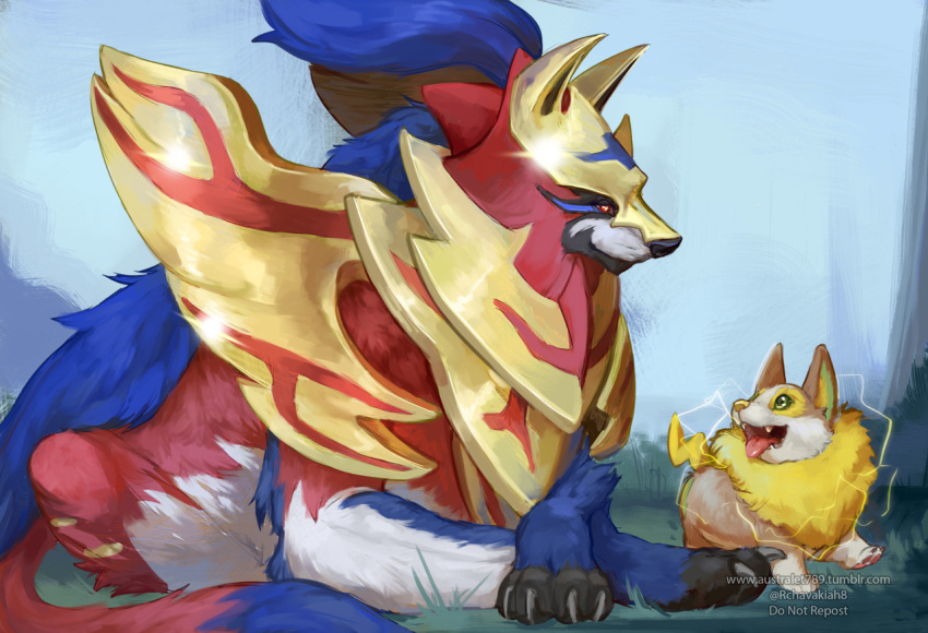 armored_animal artist_name australet789 blue_fur claws corgi electricity fangs looking_at_each_other no_humans pokemon pokemon_(creature) pokemon_(game) pokemon_swsh sitting tongue tongue_out wolf yamper zamazenta