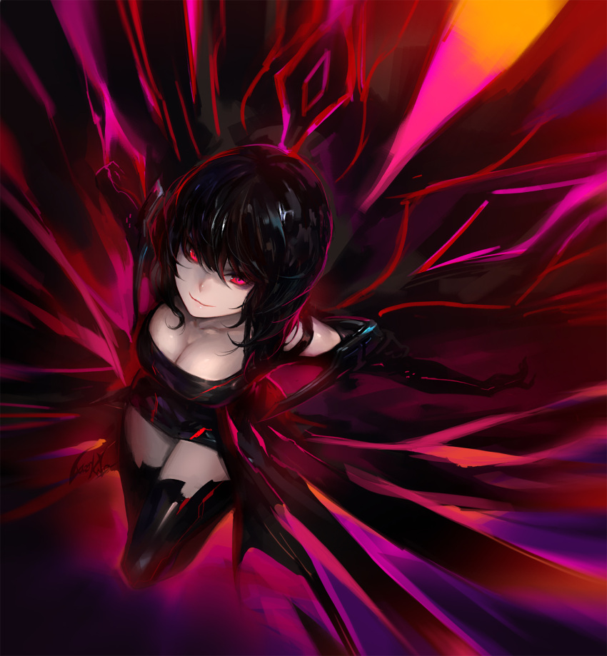 1girl bangs bent_knees black_hair black_legwear breasts cleavage flying hair_between_eyes highres light_smile long_hair looking_at_viewer luen_kulo original solo