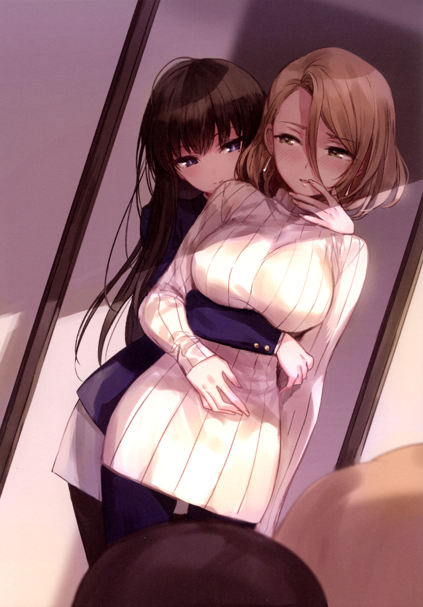 2girls bangs black_hair blazer blue_eyes blush breast_hold breasts brown_eyes brown_hair dutch_angle earrings eyebrows_visible_through_hair grabbing grabbing_from_behind hair_between_eyes hand_on_another's_face highres indoors irua jacket jewelry large_breasts long_hair mole mole_under_eye multiple_girls parted_lips ribbed_sweater scan school_uniform short_hair sweater swept_bangs yuri