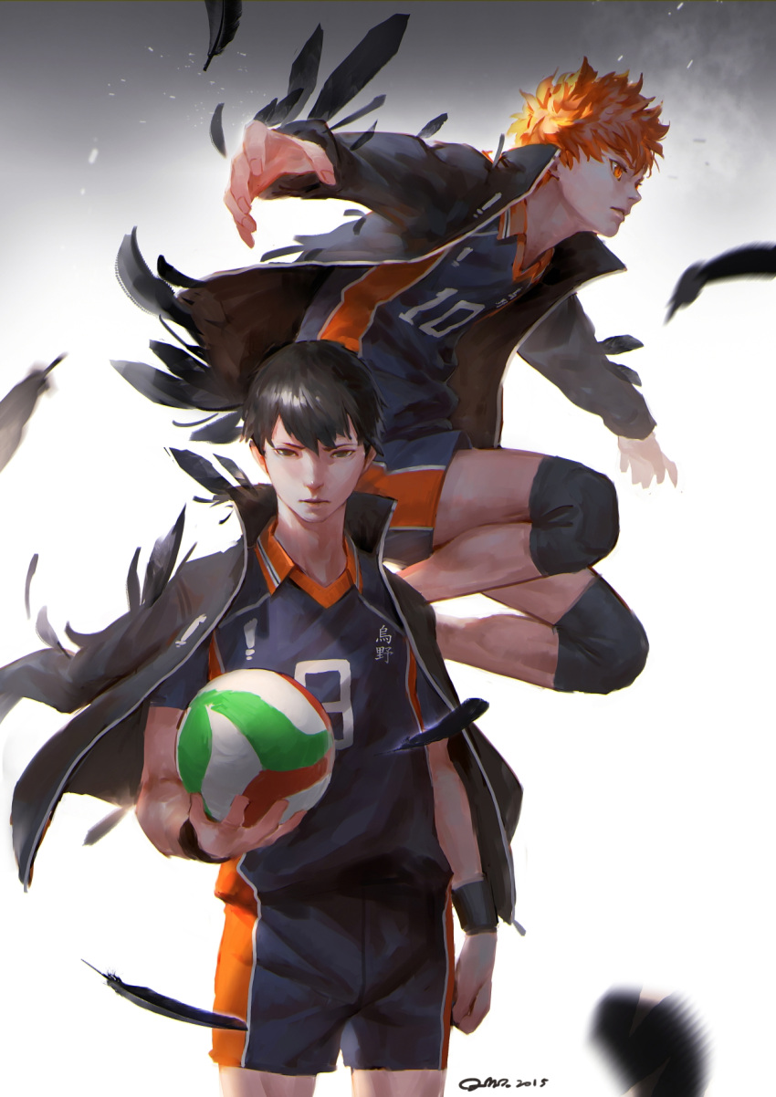 2boys artist_signature ball bangs black_hair black_jacket clenched_hand feathers haikyuu!! highres hinata_shouyou holding holding_ball jacket jacket_on_shoulders jumping kageyama_tobio knee_pads looking_at_viewer male_focus multiple_boys open_clothes open_jacket orange_eyes orange_hair outstretched_arms qmo_(chalsoma) serious short_sleeves shorts signature standing uniform white_background wristband