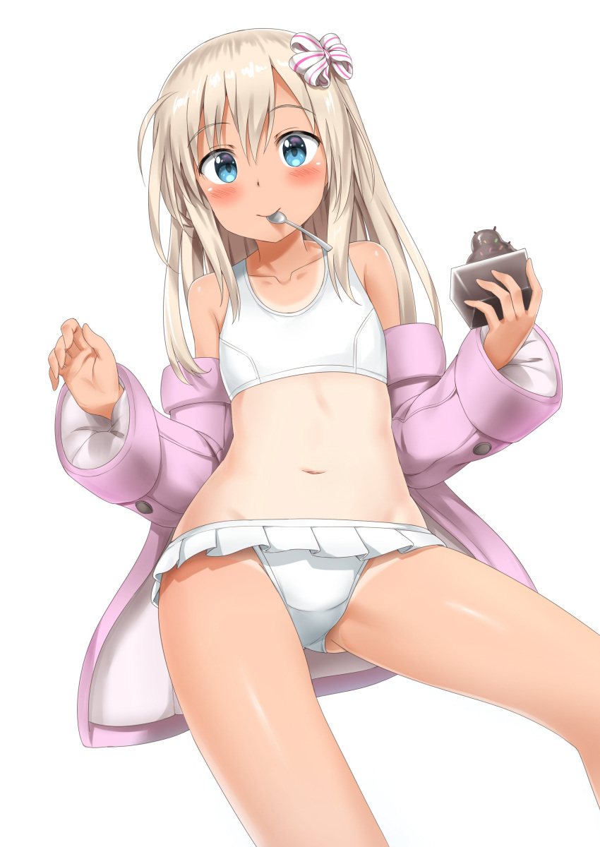 10s 1girl absurdres bare_legs bikini blonde_hair blue_eyes blush bow bowtie collarbone food gluteal_fold groin hair_between_eyes hair_ribbon highres ice_cream jacket kantai_collection long_hair looking_at_viewer navel nedia_(nedia_region) one-piece_tan pink_jacket ribbon ro-500_(kantai_collection) simple_background solo spoon spoon_in_mouth sprinkles swimsuit tan tanline white_background
