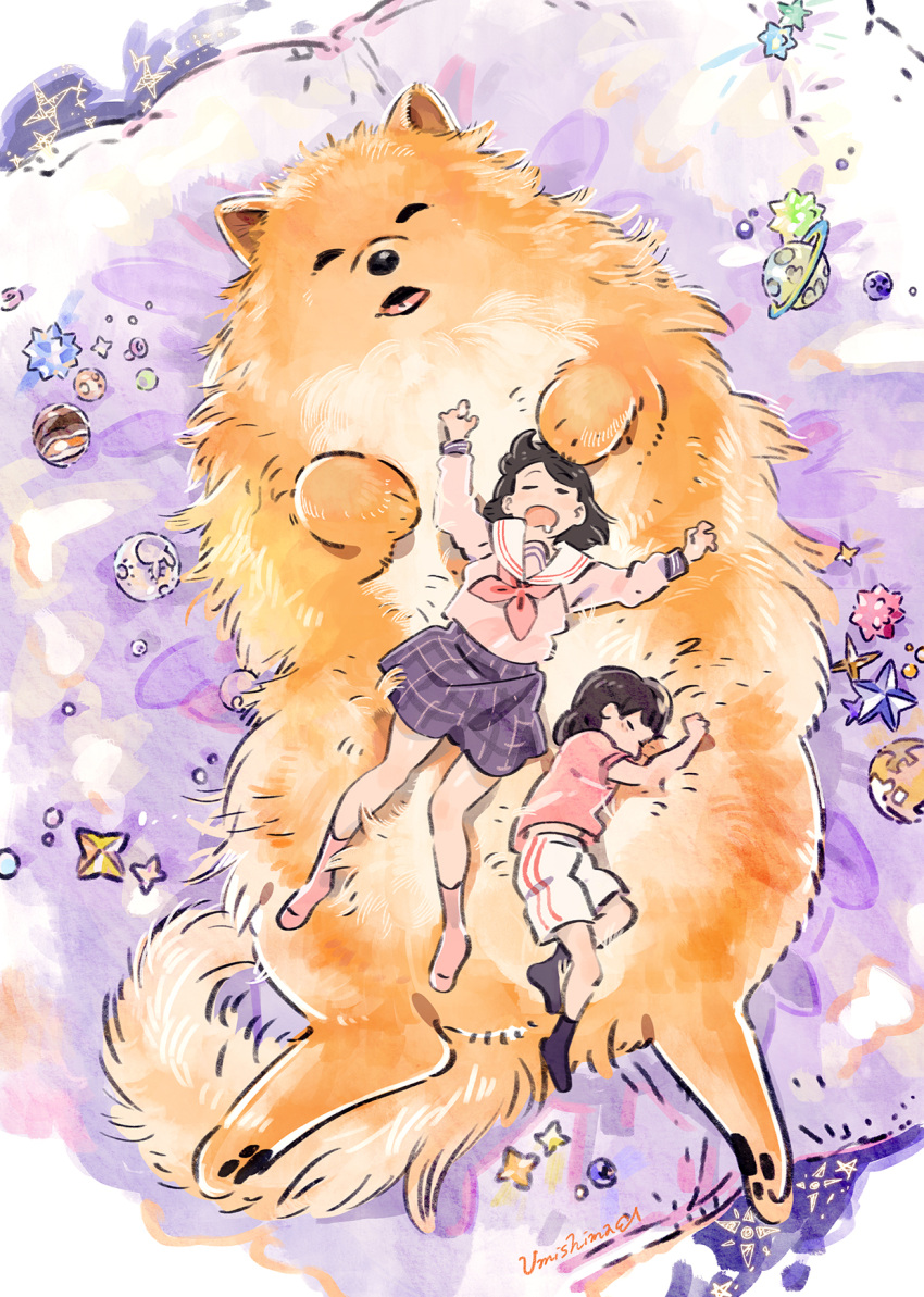 2girls animal artist_signature bangs black_hair blue_skirt blush closed_eyes dog drooling eyebrows_visible_through_hair highres long_sleeves lying multiple_girls neckerchief no_shoes on_back on_side open_mouth orange_fur original oversized_animal pink_legwear pink_shirt planet red_neckerchief school_uniform shirt short_hair short_sleeves shorts signature skirt sleeping socks star umishima_senbon