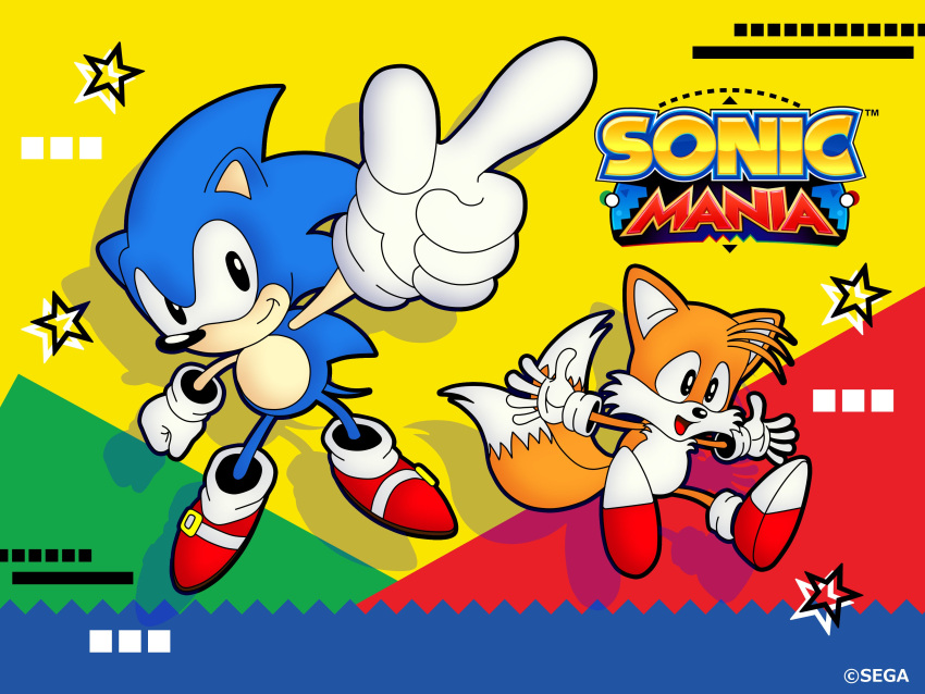 2boys 90s absurdres black_eyes commentary gloves highres multiple_boys official_art ohshima_naoto pointing pointing_up sega sonic sonic_mania sonic_the_hedgehog tails_(sonic) white_gloves