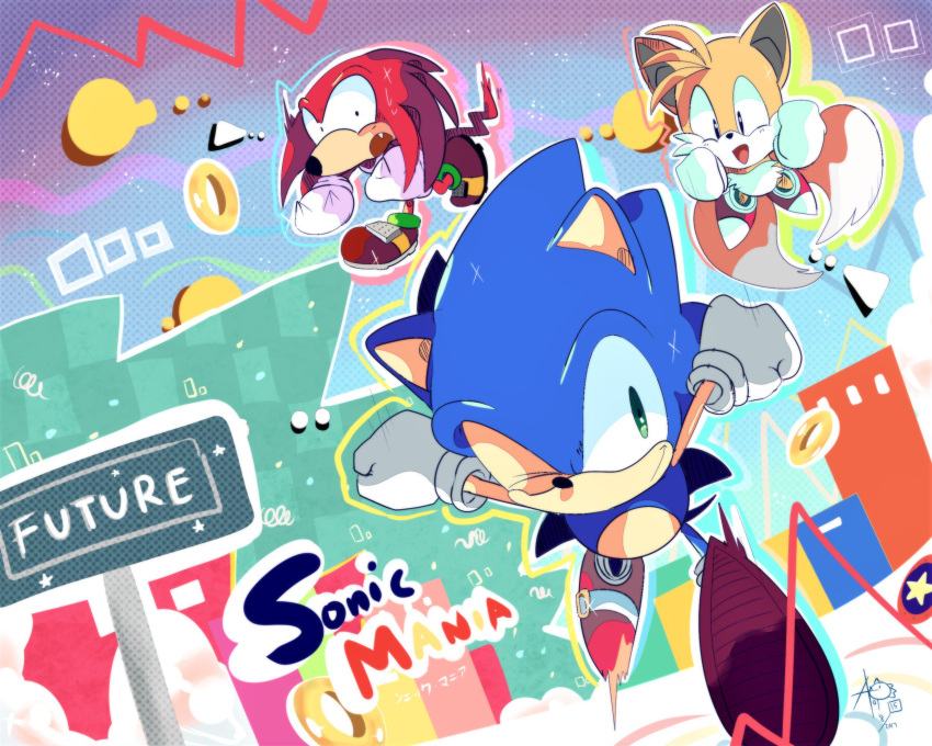 3boys 90s aoi_(aoii91) black_eyes constricted_pupils fang gloves green_eyes highres knuckles_the_echidna male_focus multiple_boys multiple_tails no_humans one_eye_closed running shoes sneakers sonic sonic_mania sonic_the_hedgehog tail tails_(sonic) white_gloves