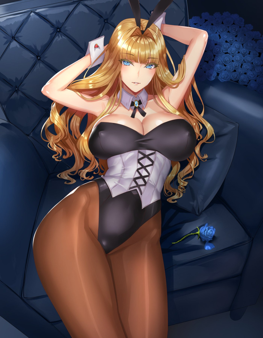 1girl animal_ears arms_up bare_shoulders blonde_hair blue_eyes blue_rose blush breasts brown_legwear bunny_girl bunnysuit cleavage corset couch daglasses detached_collar erect_nipples fake_animal_ears flower hair_intakes highres large_breasts leotard long_hair looking_at_viewer original pantyhose parted_lips pillow rabbit_ears rose solo wrist_cuffs