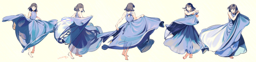 1girl artist_signature bare_arms barefoot blue_dress breasts brown_hair closed_eyes dancing dress full_body highres holding_dress holding_skirt long_dress long_image medium_breasts multiple_views original short_hair signature simple_background smile standing umishima_senbon white_background wide_image