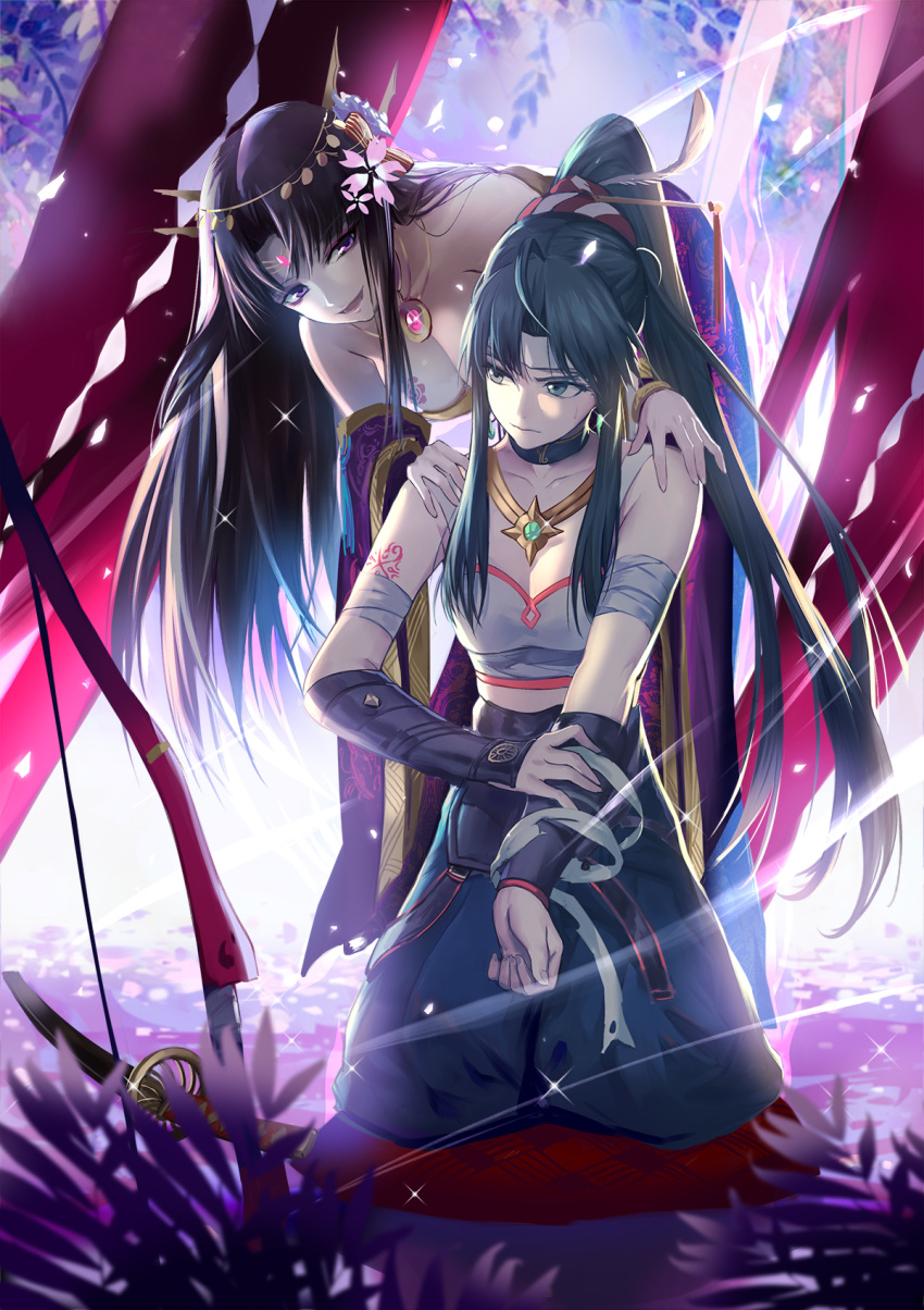 2girls bandage bare_shoulders bible_bullet black_hair bow_(weapon) breasts clare_(543) cleavage detached_collar earrings flower green_eyes hair_flower hair_ornament headdress highres japanese_clothes jewelry kimono kneeling long_hair looking_at_another multiple_girls necklace off_shoulder petals ponytail sword tattoo violet_eyes weapon wrist_guards
