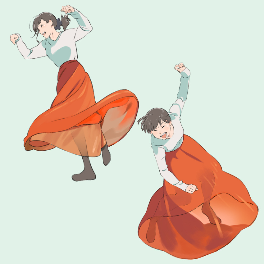 1girl :d artist_signature bangs black_eyes black_hair blue_background blue_legwear closed_eyes dancing full_body highres long_skirt long_sleeves multiple_views open_mouth orange_skirt original ponytail shirt simple_background skirt smile socks standing umishima_senbon white_shirt