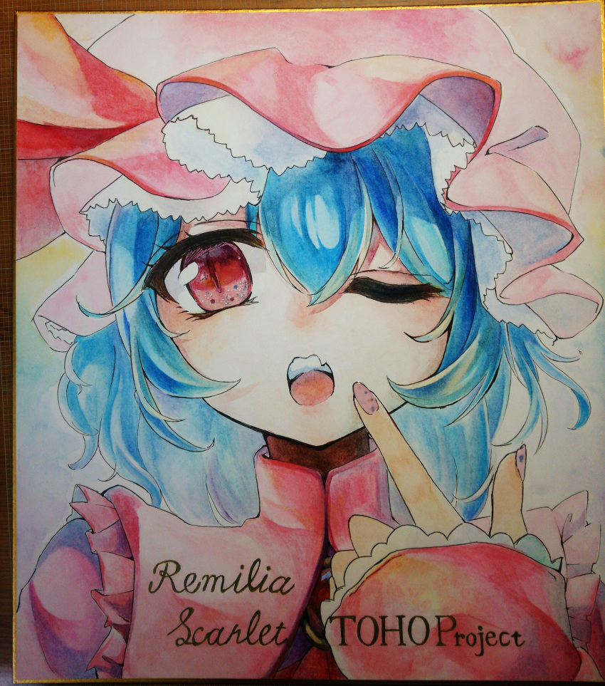 1girl absurdres blue_hair character_name dress fang finger_to_mouth hat highres mob_cap nail_polish niri photo pink_nails red_eyes remilia_scarlet slit_pupils solo teeth touhou traditional_media