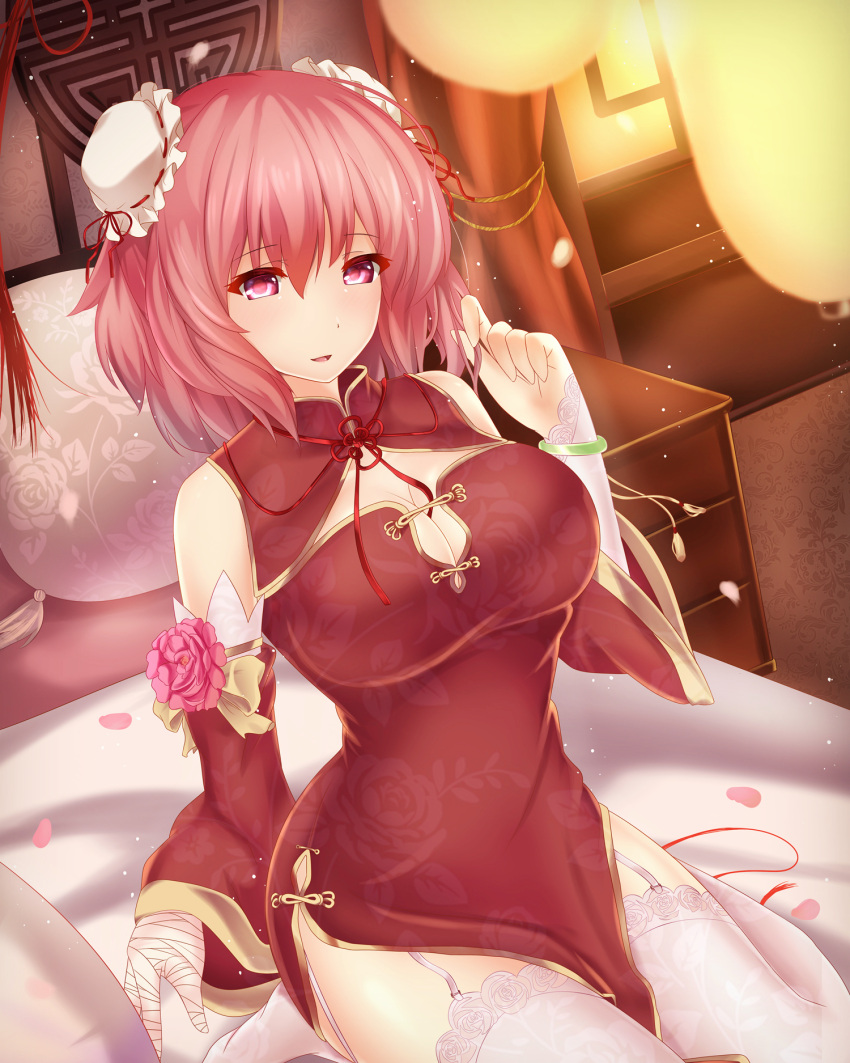 1girl bandage bandaged_arm bangs breasts bun_cover china_dress chinese_clothes cleavage double_bun dress elbow_gloves floral_print flower garter_straps gloves highres ibaraki_kasen indoors large_breasts light_smile looking_at_viewer on_bed oxfirecar petals pink_eyes pink_hair pink_rose rose seiza sitting solo thigh-highs touhou white_gloves white_legwear
