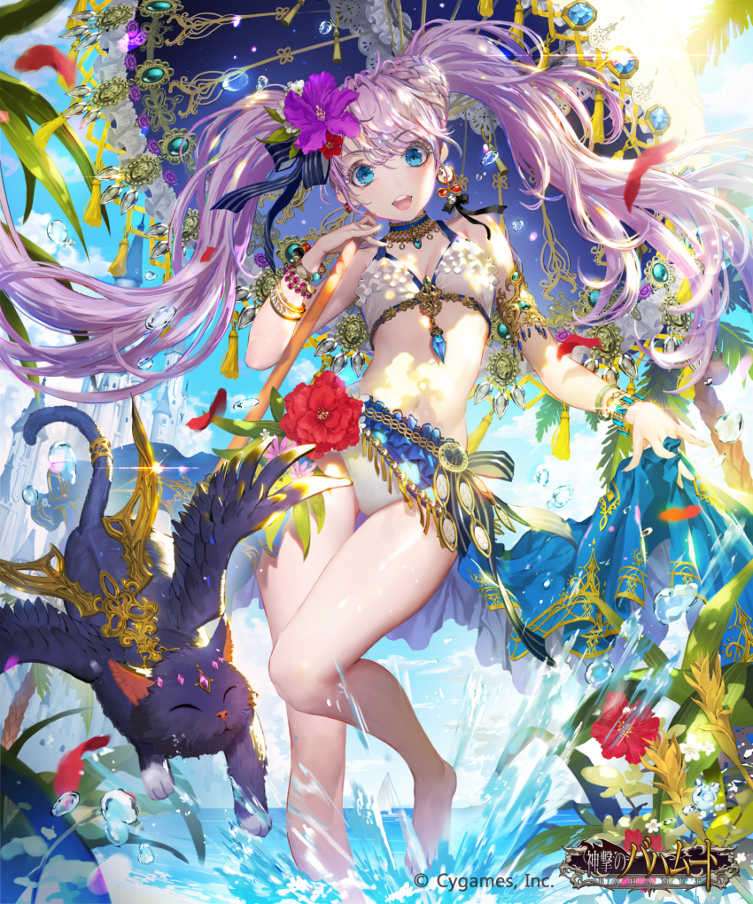 1girl :d animal armlet bangs bare_arms bare_legs bare_shoulders barefoot bikini black_cat black_wings blue_eyes blue_ribbon blue_sky bracelet braid breasts cat clouds contrapposto day earrings eyebrows_visible_through_hair eyelashes feathered_wings fingernails floating_hair flower forehead_jewel frilled_bikini frills gem glint hair_between_eyes hair_flower hair_ornament hair_ribbon hand_up headpiece hibiscus highres holding holding_umbrella jewelry leaf leg_up long_fingernails long_hair looking_at_viewer midriff navel necklace ocean one_leg_raised open_mouth original outdoors partially_submerged petals pink_lips plant purple_flower purple_hair red_flower ribbon rose_petals sky small_breasts smile soaking_feet solo splashing spread_wings standing standing_on_one_leg stomach striped striped_ribbon swimsuit tassel thigh_gap tob twintails umbrella upper_teeth very_long_hair wading water water_drop wings