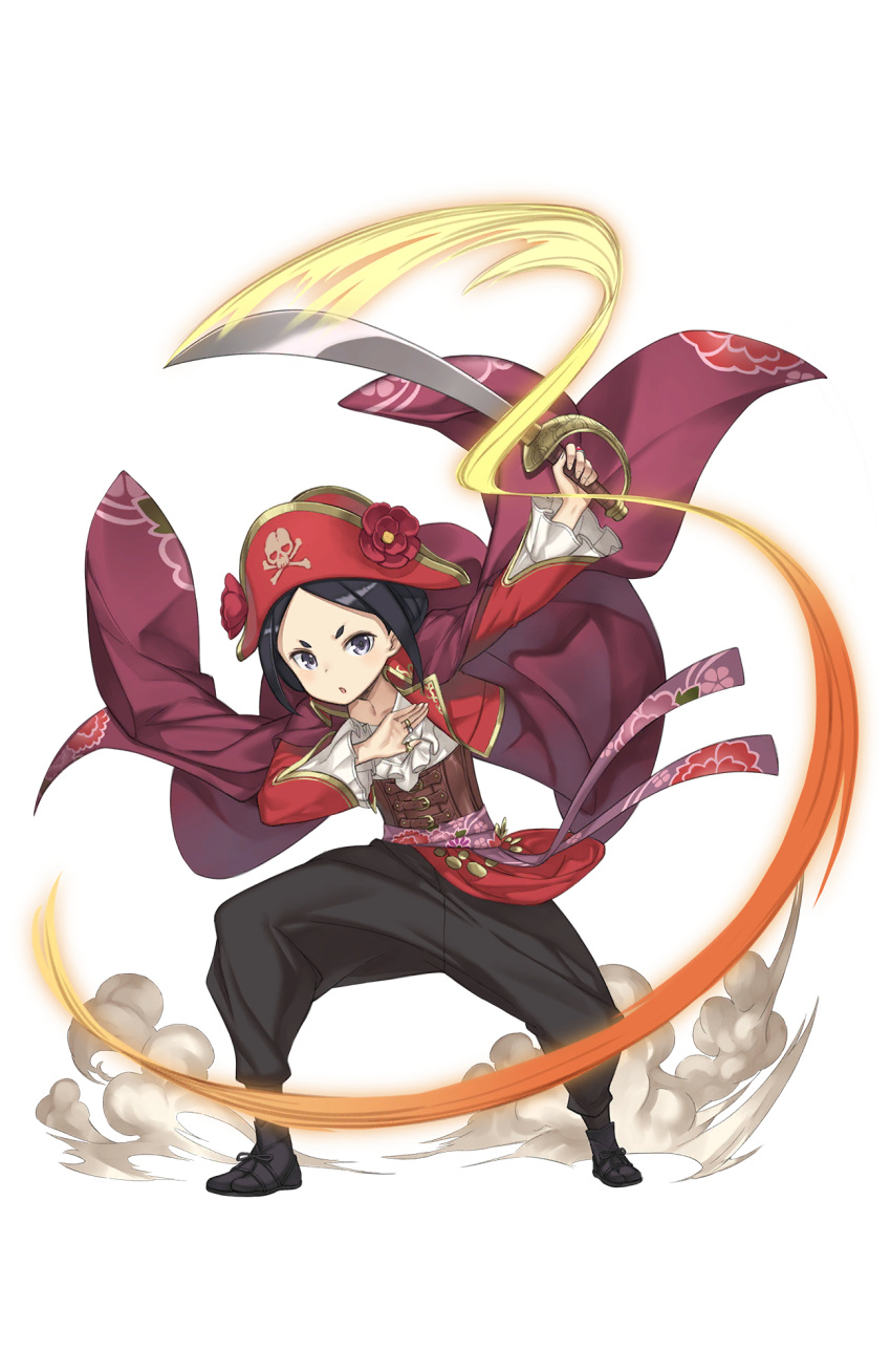 1girl black_eyes black_footwear black_hair black_pants cape chestnut_mouth flower full_body hat hat_flower highres holding holding_sword holding_weapon jewelry looking_at_viewer motion_blur official_art pants pirate_hat princess_principal princess_principal_game_of_mission red_hat ring short_hair slashing smile solo standing sword toudou_chise transparent_background weapon