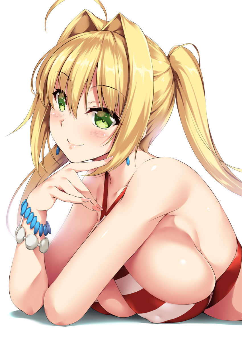 1girl ahoge bikini blonde_hair bracelet breasts criss-cross_halter earrings erect_nipples fate/extra fate/grand_order fate_(series) fingernails green_eyes hair_intakes halterneck highres jewelry large_breasts lips long_hair looking_at_viewer lying nail_polish nakano_sora nero_claudius_(swimsuit_caster)_(fate) on_stomach red_bikini saber_extra shiny shiny_hair smile solo striped striped_bikini swimsuit twintails white_bikini
