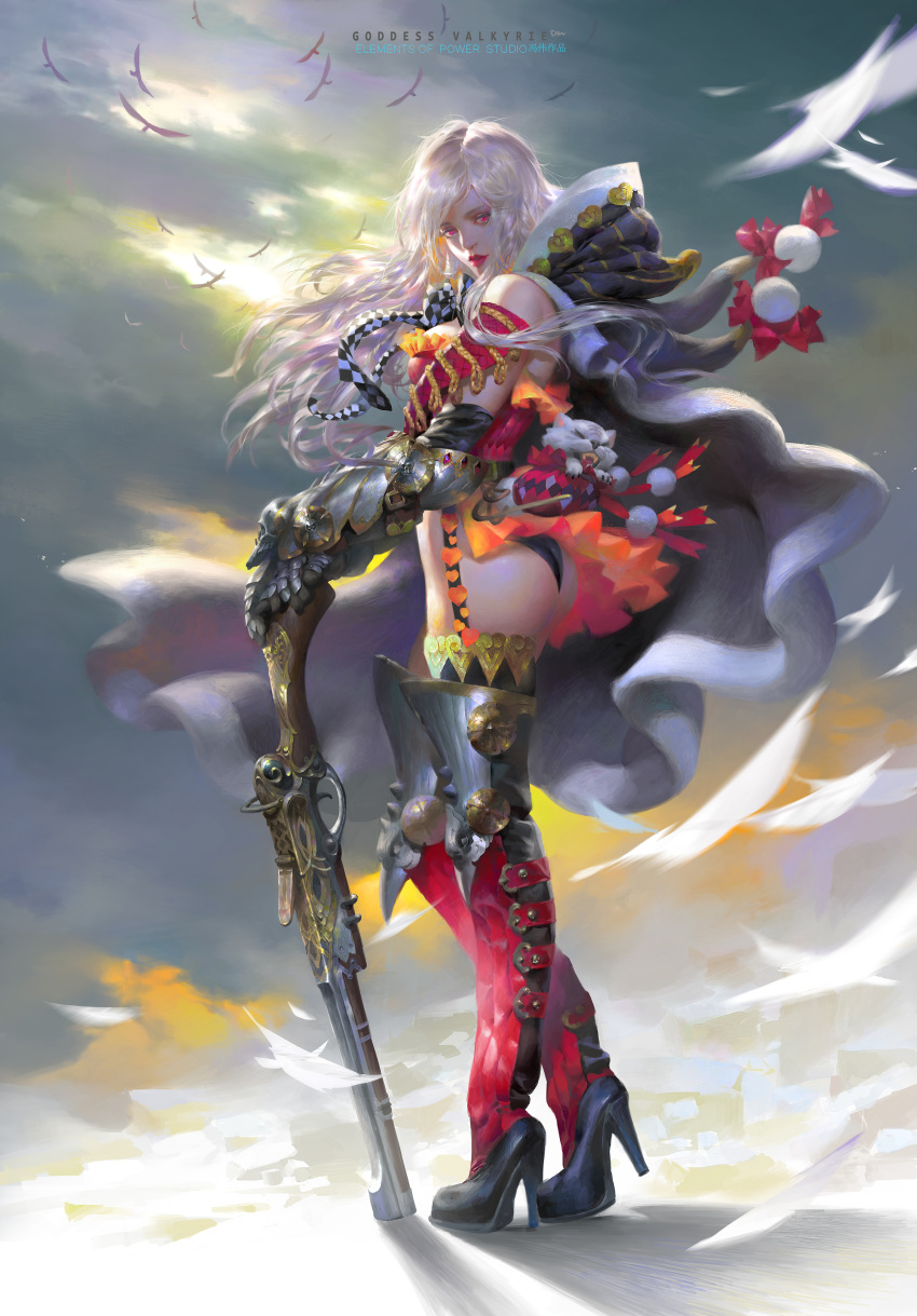1girl absurdres ass bird black_shoes bow breasts cape cat copyright_name fengweic12 garter_straps gauntlets goddess_valkyrie greaves gun high_heels highres hood hood_down lipstick long_hair looking_at_viewer makeup pink_eyes planted_weapon pom_pom_(clothes) red_legwear sack seagull shoes solo standing thigh-highs weapon white_hair