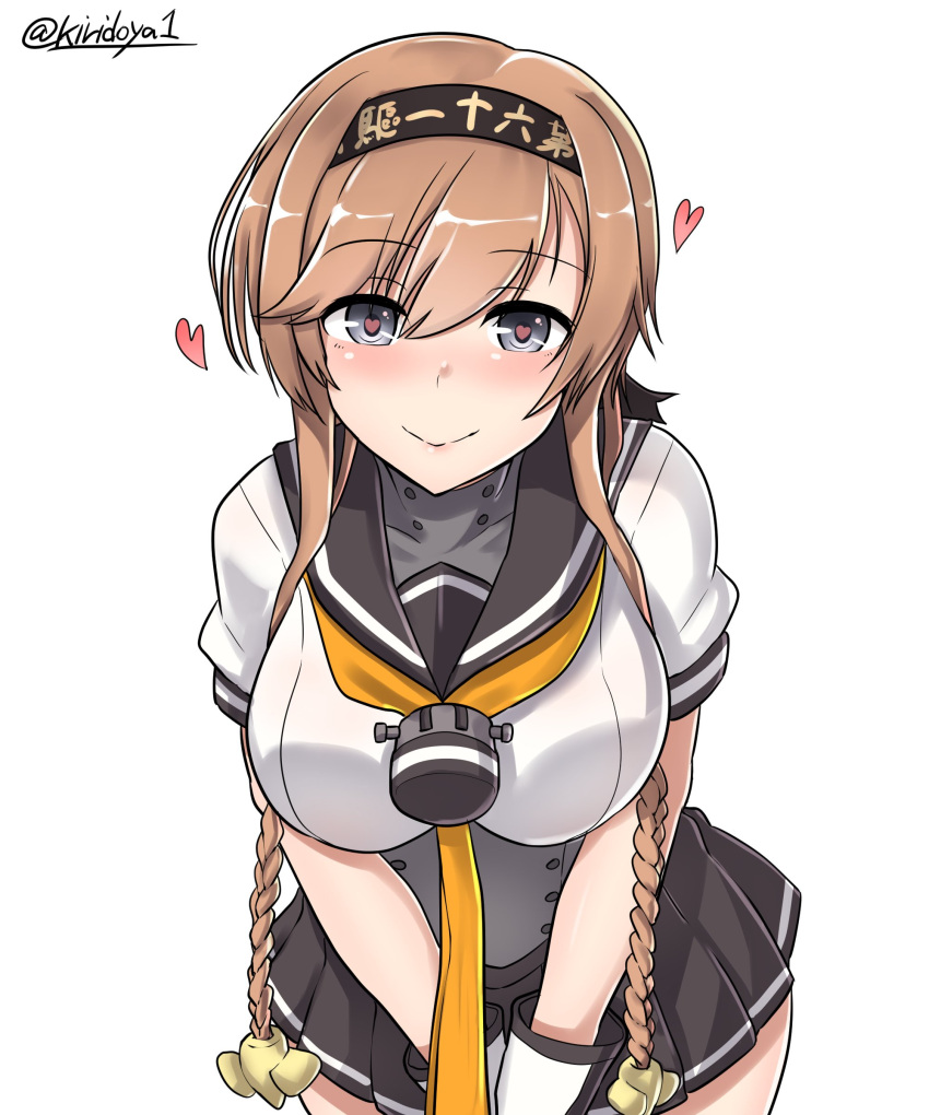 10s 1girl absurdres bangs black_skirt blush braid breasts eyebrows_visible_through_hair gloves hair_ornament headband heart heart-shaped_pupils highres kantai_collection kiritto large_breasts leaning_forward light_brown_hair long_hair looking_at_viewer pleated_skirt propeller_hair_ornament sailor_collar simple_background skirt smile solo striped striped_skirt symbol-shaped_pupils teruzuki_(kantai_collection) twin_braids twitter_username white_background white_gloves