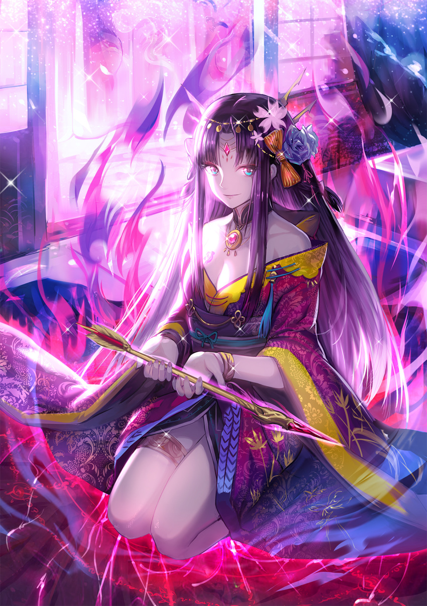 1girl arrow bare_shoulders bible_bullet black_hair blue_eyes breasts clare_(543) cleavage detached_collar facial_mark flower forehead_mark hair_flower hair_ornament headdress highres indoors japanese_clothes kimono kneeling long_hair looking_at_viewer off_shoulder solo tattoo thighlet weapon