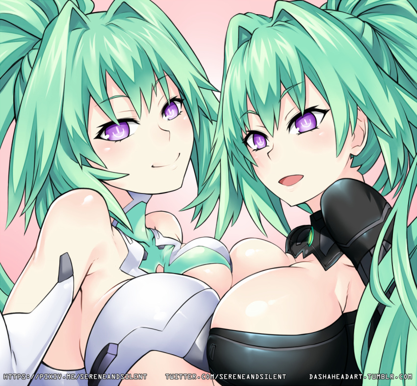 2girls blush bodysuit breast_press breasts choujigen_game_neptune cleavage closed_mouth commentary_request dual_persona gloves green_hair green_heart kami_jigen_game_neptune_v large_breasts long_hair looking_at_viewer multiple_girls neptune_(series) open_mouth pink_background ponytail pov power_symbol revision sereneandsilent shiny shiny_hair shiny_skin solo_focus symbol-shaped_pupils symmetrical_docking tied_hair upper_body vert very_long_hair violet_eyes