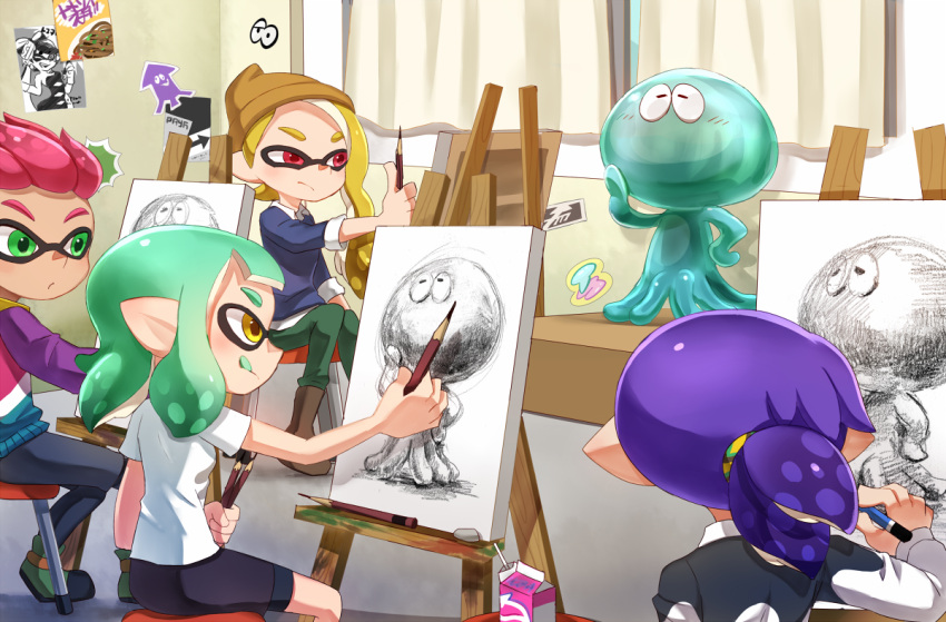 2boys 2girls :p aori_(splatoon) bangs beanie bike_shorts black_pants black_shorts blonde_hair blue_hair blue_sweater blunt_bangs boots brown_boots brown_hat canvas_(object) carton casual chair closed_eyes curtains domino_mask drawing easel eraser graphite_(medium) green_eyes green_hair green_pants green_tongue hat holding holding_pencil indoors inkling jellyfish_(splatoon) long_sleeves mask milk multicolored_sweater multiple_boys multiple_girls pants pencil pointy_ears red_eyes redhead riko_(sorube) scrunchie shirt shorts sitting splatoon splatoon_2 squid sweater t-shirt tentacle_hair tongue tongue_out traditional_media white_shirt