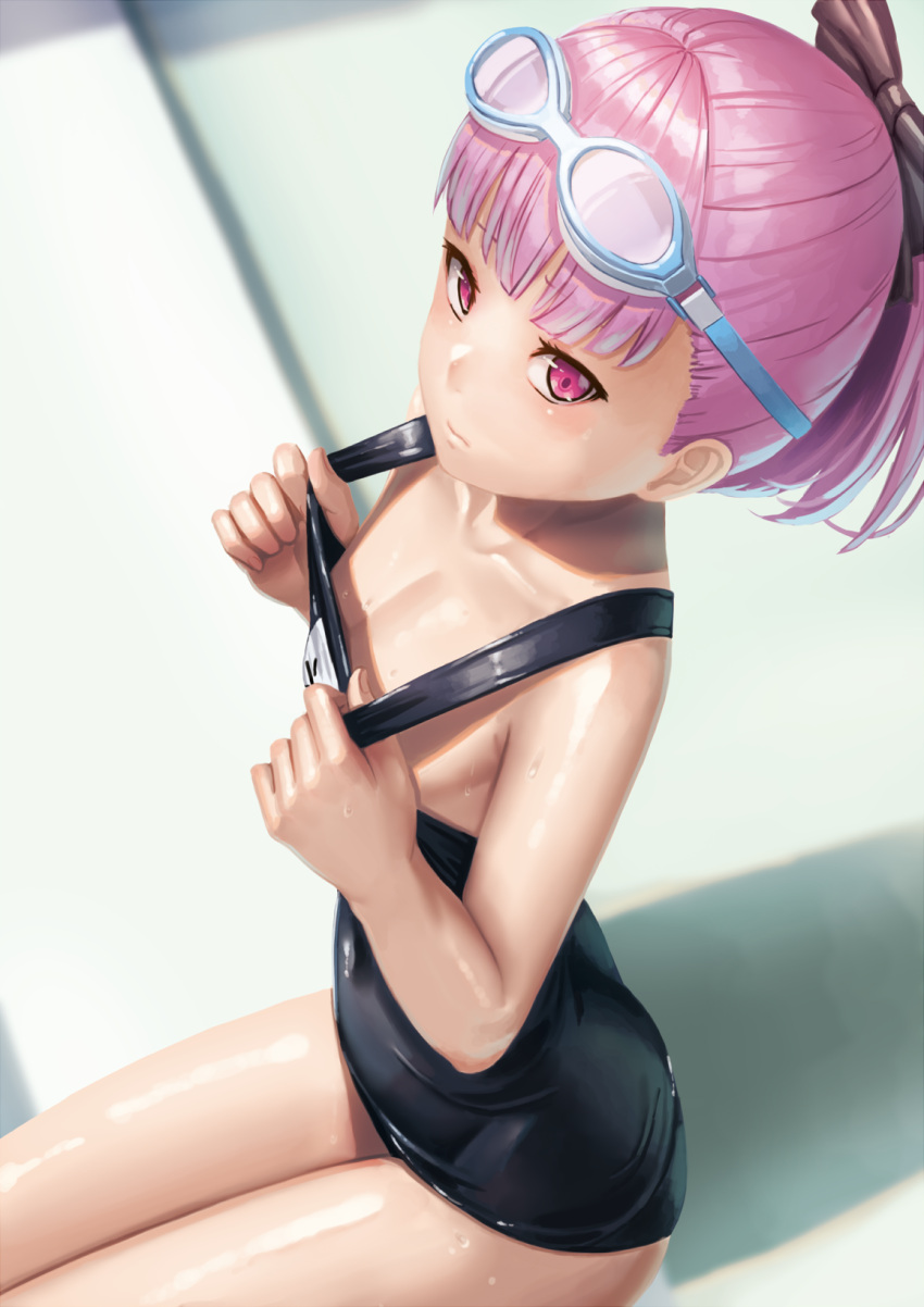 1girl blush breasts fate/grand_order fate_(series) goggles goggles_on_head helena_blavatsky_(swimsuit_archer)_(fate) highres looking_at_viewer one-piece_swimsuit purple_hair ranma_(kamenrideroz) school_swimsuit sitting small_breasts solo swimsuit violet_eyes wet