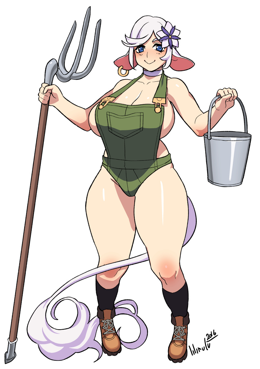 1girl :&gt; absurdres animal_ears bare_shoulders blue_eyes blush boots breasts bucket cleavage cow_ears cow_girl cow_tail flower full_body hair_flower hair_ornament highres huge_breasts lilirulu looking_at_viewer original pitchfork short_hair sideboob smile solo standing tail thick_thighs white_hair