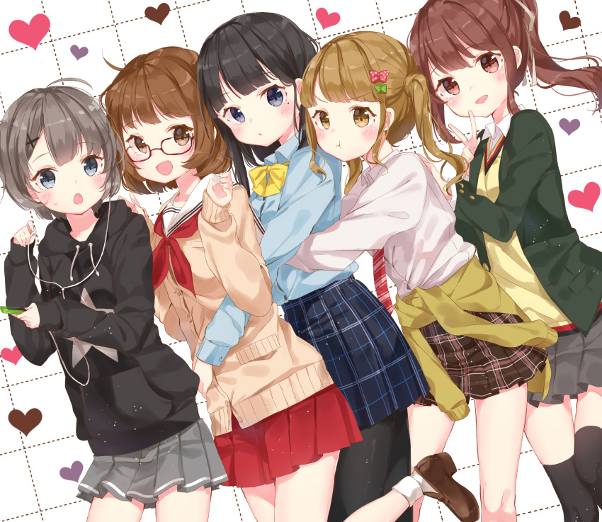 5girls ahoge black_hair black_legwear blue_eyes blush brown_eyes brown_hair cellphone clothes_around_waist commentary_request earphones earphones glasses grey_hair hair_ornament hairclip heart highres hug hug_from_behind jacket_around_waist jimmy long_hair long_sleeves looking_at_viewer mole mole_under_eye multiple_girls neckerchief open_mouth original pantyhose phone plaid plaid_skirt pleated_skirt ponytail school_uniform short_hair skirt smartphone thigh-highs thigh_gap twintails x_hair_ornament zettai_ryouiki