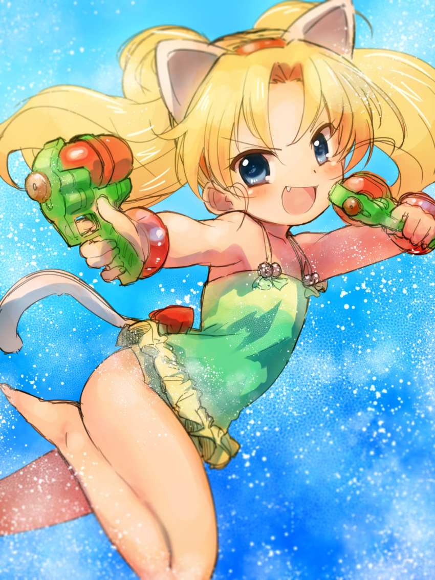 &gt;:d 1girl :d absurdres animal_ears bangle barefoot blonde_hair blue_background blue_eyes bracelet casual_one-piece_swimsuit cat_ears cat_tail child dual_wielding fang frilled_swimsuit frills from_side green_swimsuit hairband highres jewelpet_(series) jewelpet_twinkle jewelry miria_marigold_mackenzie nyama one-piece_swimsuit open_mouth red_hairband smile solo swimsuit tail twintails water_gun