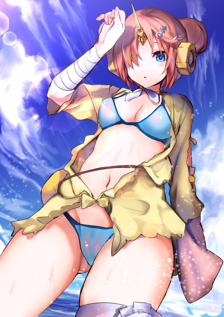 1girl :o absurdres amamitsu_kousuke bandage bandaged_arm bandaged_leg berserker_of_black bikini blue_bikini blue_eyes blue_sky breasts cleavage cowboy_shot day double_bun fate/grand_order fate_(series) frankenstein's_monster_(swimsuit_saber)_(fate) gluteal_fold hair_ornament hair_over_one_eye hairpin highres horn lens_flare looking_at_viewer medium_breasts navel open_clothes open_shirt outdoors pink_hair shirt sky solo standing summer swimsuit yellow_shirt