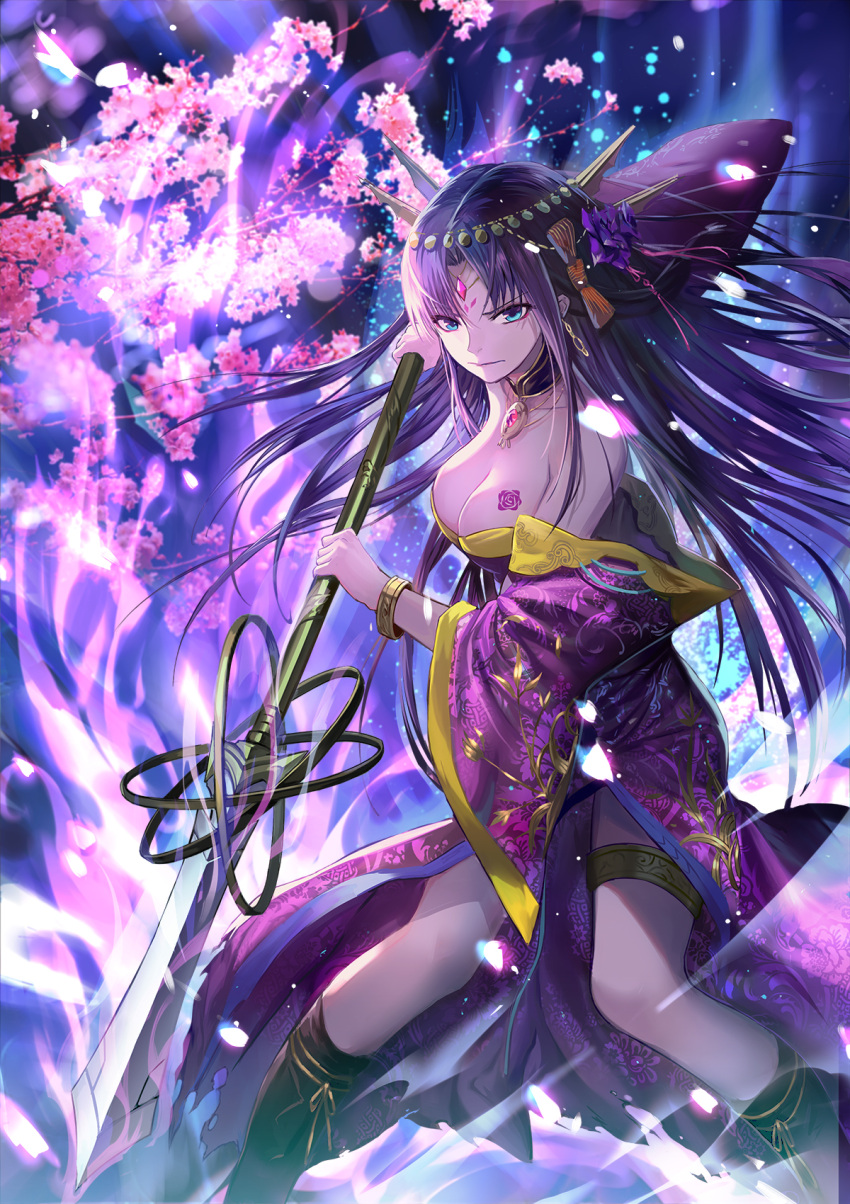 1girl bare_shoulders bible_bullet black_hair blue_eyes breasts cherry_blossoms clare_(543) cleavage detached_collar facial_mark flower forehead_mark hair_flower hair_ornament headdress highres japanese_clothes long_hair looking_at_viewer off_shoulder solo tattoo thighlet weapon