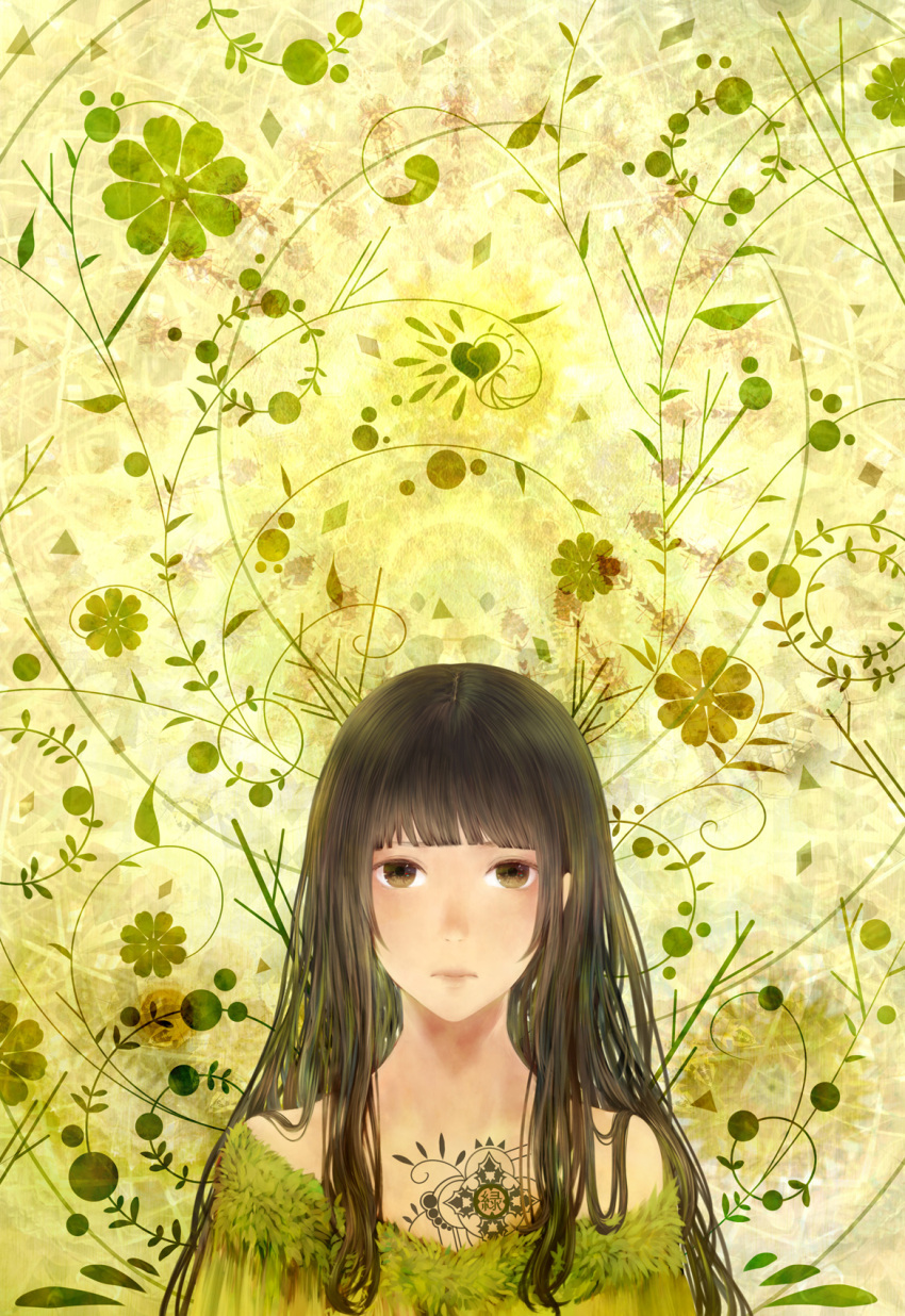 1girl bangs blunt_bangs brown_eyes brown_hair chest_tattoo closed_mouth dress eyes floral_background green green_dress highres long_hair looking_at_viewer off_shoulder original solo tattoo