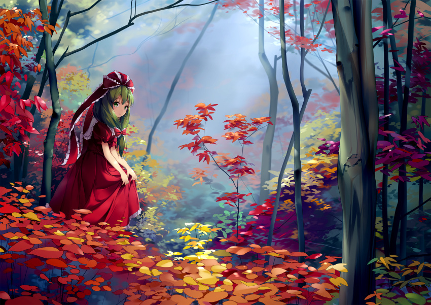 1girl autumn autumn_leaves bare_arms bow chen_bin commentary_request dress dress_lift forest front_ponytail green_eyes green_hair hair_bow hair_ribbon highres kagiyama_hina lifted_by_self long_hair nature outdoors red_bow red_dress red_ribbon ribbon solo touhou tree