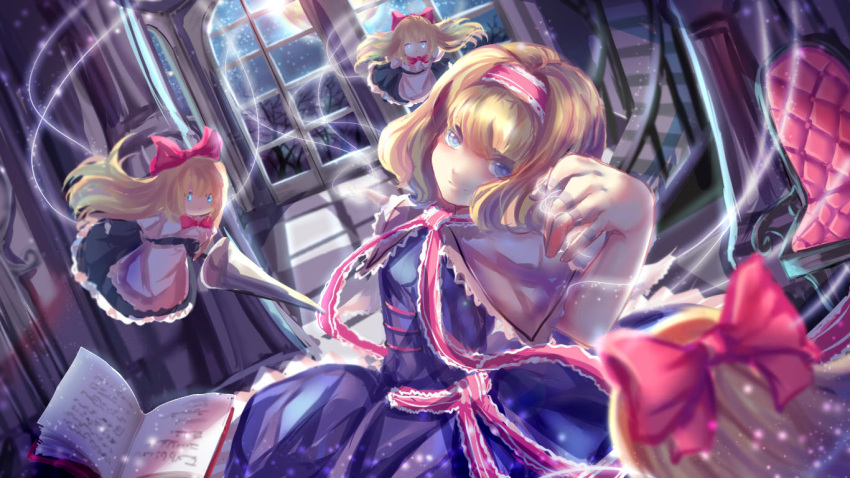 1girl alice_margatroid apron bangs blonde_hair blue_dress blue_eyes book bow bowtie capelet closed_mouth dress from_side hair_bow hairband indoors lance lolita_hairband looking_at_viewer looking_to_the_side moonlight nga_(artist) night night_sky open_book polearm puppet_rings puppet_strings red_bow red_bowtie sash shanghai_doll short_hair sky smile solo star_(sky) starry_sky touhou waist_apron weapon window