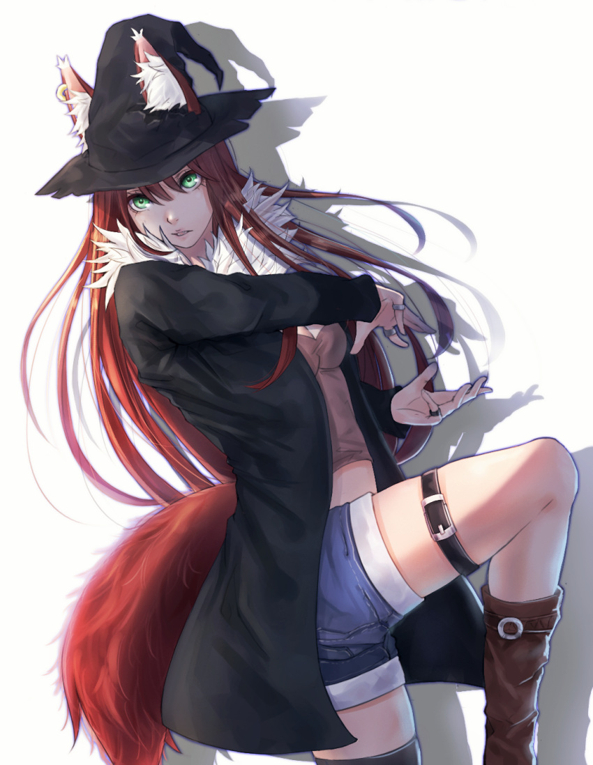 1girl animal_ears bangs belt_buckle black_belt black_coat black_hat blue_shorts boots breasts brown_boots brown_hair brown_shirt buckle denim denim_shorts earrings ears_through_headwear fox_ears fox_tail from_side fur_collar green_eyes hair_between_eyes hat highres hoop_earrings jewelry knee_boots long_hair long_sleeves looking_away looking_to_the_side midriff mr.tight one_leg_raised original parted_lips ring shadow shirt shorts simple_background single_earring small_breasts solo standing standing_on_one_leg tail thigh_strap white_background witch_hat