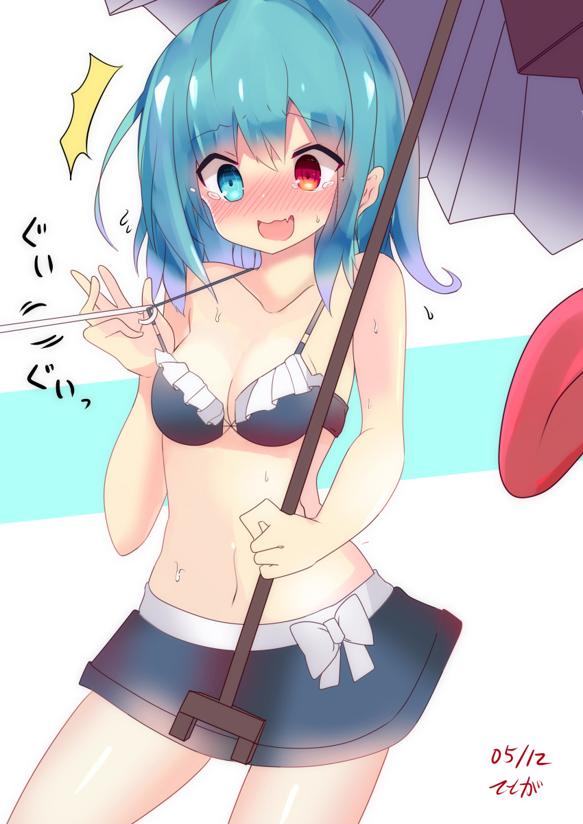 /\/\/\ 1girl absurdres artist_name bangs bare_arms bikini bikini_skirt blue_hair blush breasts cleavage cowboy_shot dated eyebrows_visible_through_hair halterneck heterochromia highres holding medium_breasts multicolored multicolored_background navel nose_blush open_mouth solo sweat swimsuit tatara_kogasa te_toga tears tongue touhou two-tone_background