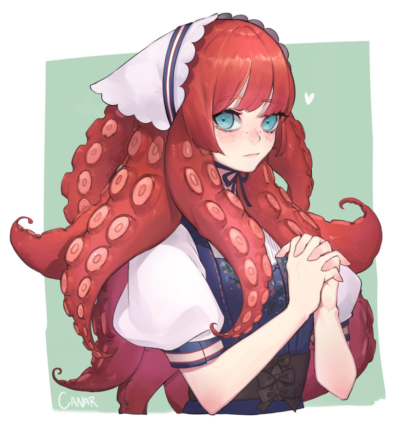 1girl artist_name blue_eyes bonnet canar dress eyebrows_visible_through_hair eyelashes freckles hands_clasped highres long_hair looking_at_viewer original puffy_short_sleeves puffy_sleeves redhead short_sleeves simple_background solo tentacle_hair traditional_clothes