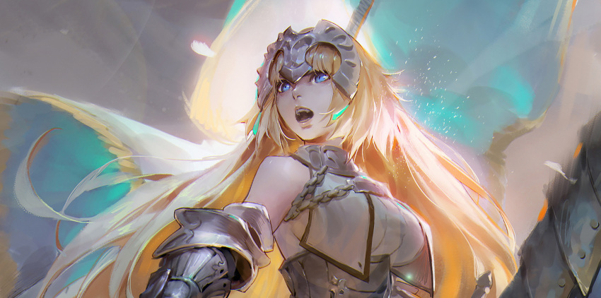 1girl armor bangs bare_shoulders blonde_hair blue_eyes breasts cape chains corset dress fate/grand_order fate_(series) gauntlets janne_d'arc large_breasts long_hair looking_afar open_mouth plate_armor ribbed_dress ruler_(fate/apocrypha) solo upper_body