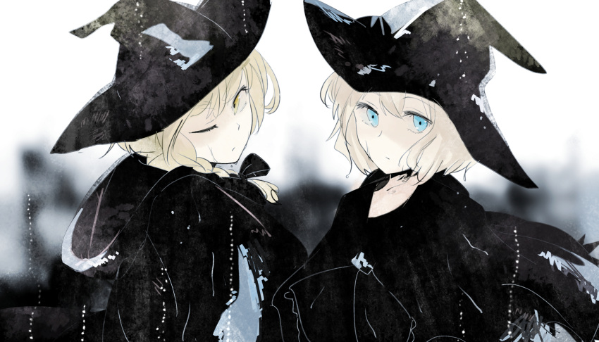 2girls alice_margatroid alternate_costume black_cape black_clothes blonde_hair blue_eyes braid cape hair_ribbon hat highres kirisame_marisa looking_at_viewer matching_outfit menbou_(nonnontako) multiple_girls one_eye_closed ribbon short_hair touhou upper_body witch_hat yellow_eyes