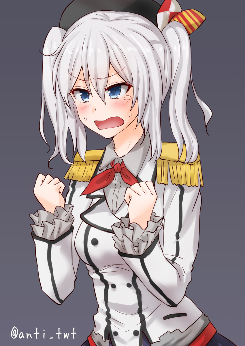 10s 1girl anti_(untea9) beret black_hat blue_eyes blush breasts commentary epaulettes grey_background hat highres jacket kantai_collection kashima_(kantai_collection) long_sleeves medium_breasts military military_jacket military_uniform neckerchief open_mouth red_neckerchief silver_hair solo tearing_up tears tongue twintails twitter_username uniform upper_body wavy_hair white_jacket