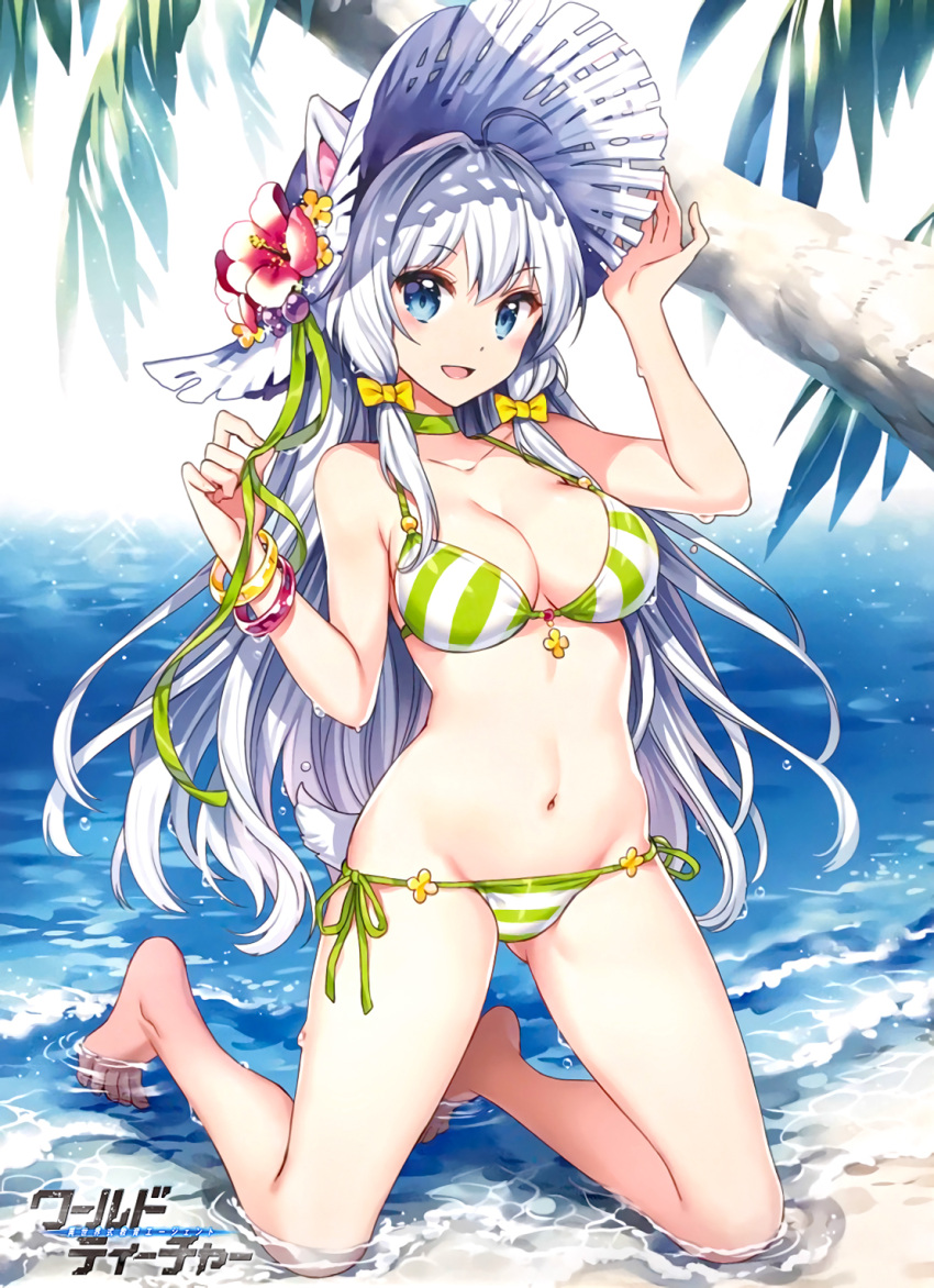 1girl ahoge animal_ears bare_legs barefoot beach bikini blue_eyes bow bracelet breasts choker cleavage copyright_name emilia_(world_teacher) eyebrows_visible_through_hair flower gluteal_fold hair_bow hand_on_headwear hat hat_flower hat_ribbon highres jewelry kemonomimi_mode kneeling large_breasts long_hair nardack navel outdoors photo ribbon ribbon_choker side-tie_bikini sidelocks silver_hair solo striped striped_bikini sun_hat swimsuit tail very_long_hair wet world_teacher_-isekaishiki_kyouiku_agent-