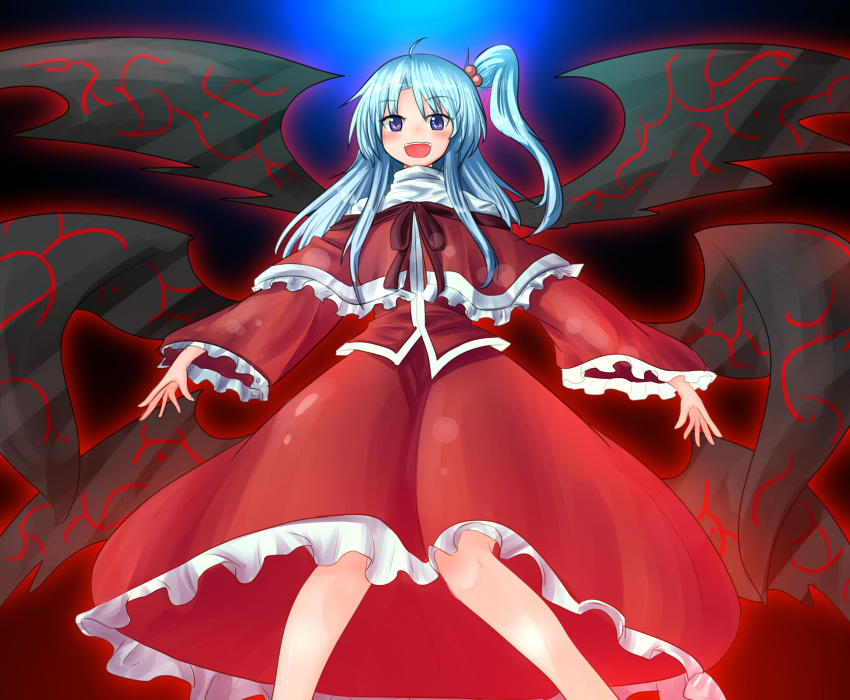 1girl :d ahoge arms_at_sides blue_hair blush capelet cowboy_shot demon_wings frilled_sleeves frills hair_bobbles hair_ornament highres long_sleeves looking_at_viewer multiple_wings open_mouth oshiaki red_shirt red_skirt shinki shirt side_ponytail skirt skirt_set smile solo touhou touhou_(pc-98) violet_eyes wide_sleeves wings