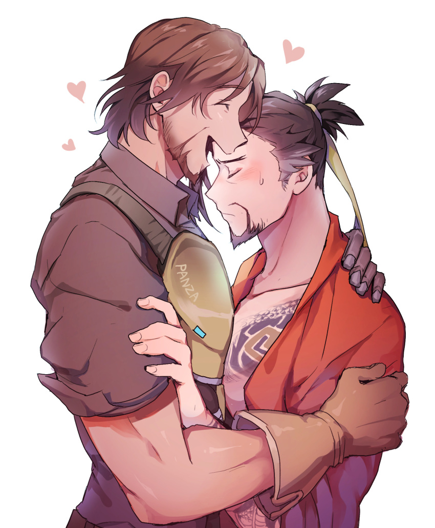 2boys artist_name blush brown_gloves brown_hair closed_eyes facial_hair facing_another gloves hanzo_(overwatch) highres male_focus mccree_(overwatch) mechanical_arm multiple_boys open_mouth overwatch panza profile single_glove sweatdrop tattoo yaoi