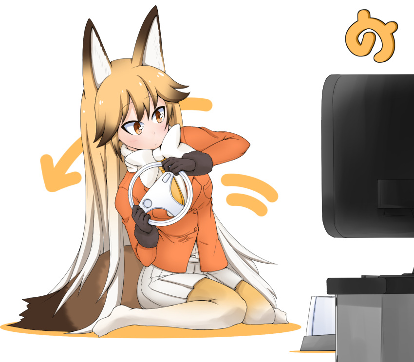 10s 1girl black_gloves blazer blonde_hair blush bow bowtie brown_hair closed_mouth directional_arrow eyebrows_visible_through_hair ezo_red_fox_(kemono_friends) fox_tail full_body fur_trim game_console gloves gradient_hair highres holding jacket japari_symbol kemono_friends leaning_to_the_side long_hair long_sleeves motion_lines multicolored_hair necktie no_shoes pantyhose playing_games pleated_skirt sitting skirt solo tail television tsutomu_(pixiv321187) very_long_hair wariza white_background white_bow white_bowtie white_hair white_skirt wii wii_racing_wheel yellow_necktie