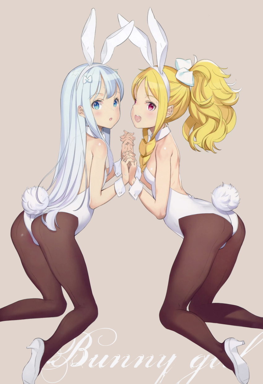 2girls :d absurdres animal_ears arched_back ass bare_shoulders bent_over blonde_hair blue_eyes blue_hair blush bow breasts brown_legwear bunny_girl bunny_tail bunnysuit detached_collar drill_hair eromanga_sensei fake_animal_ears flat_chest hair_bow hairband hand_holding high_heels highres interlocked_fingers izumi_sagiri kneeling leotard multiple_girls ooyari_ashito open_mouth pantyhose pink_eyes pointy_ears ponytail rabbit_ears ringlets scan sidelocks small_breasts smile tail twin_drills wrist_cuffs yamada_elf