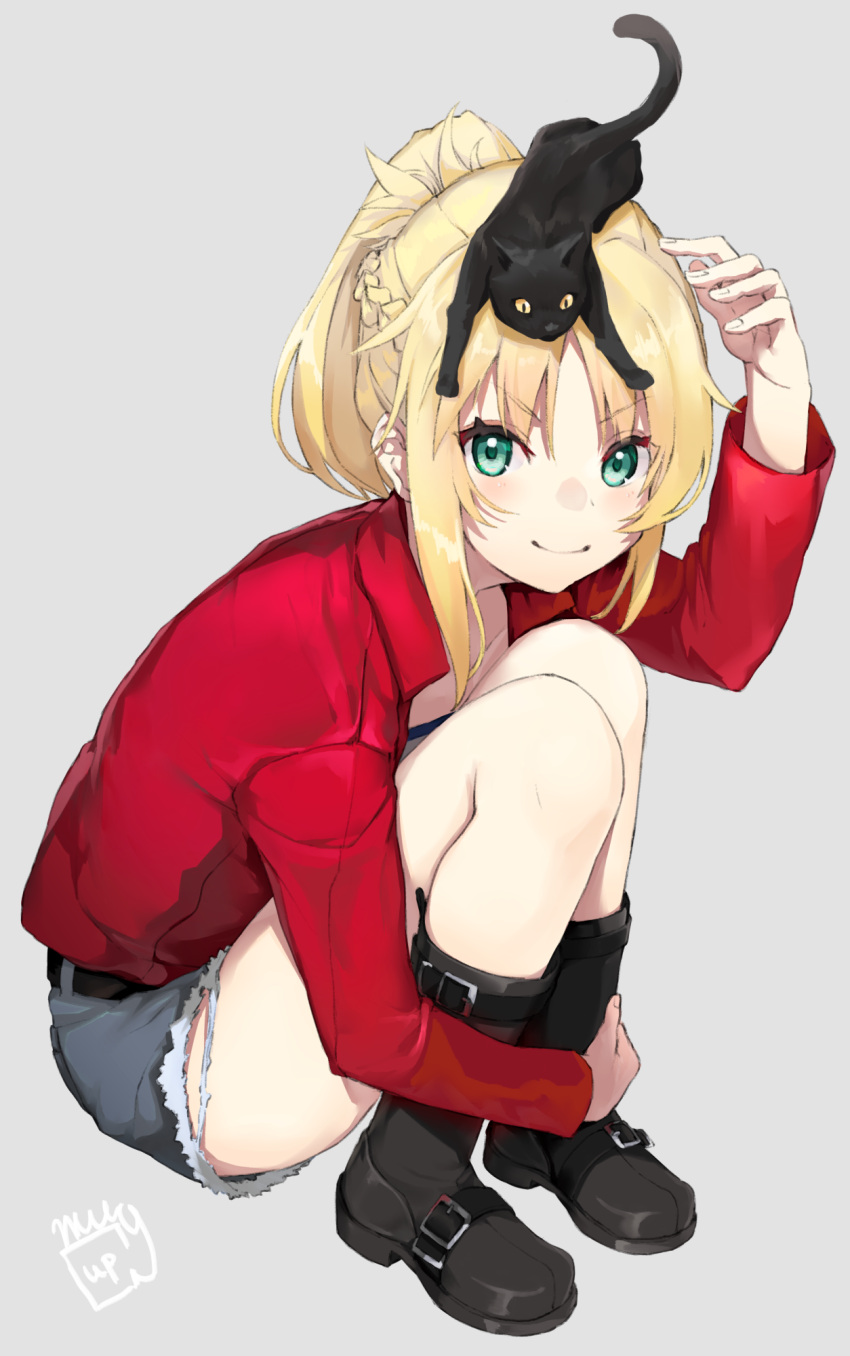 &gt;:) 1girl animal animal_on_head artist_signature belt black_boots black_cat blonde_hair boots braid cat cat_on_head closed_mouth collarbone denim denim_shorts eyebrows_visible_through_hair fate/grand_order fate_(series) from_side full_body green_eyes grey_background highres leg_hug long_sleeves mugcup on_head open_clothes open_shirt partially_colored ponytail red_shirt saber_of_red shirt short_shorts shorts signature simple_background sitting slit_pupils yellow_sclera