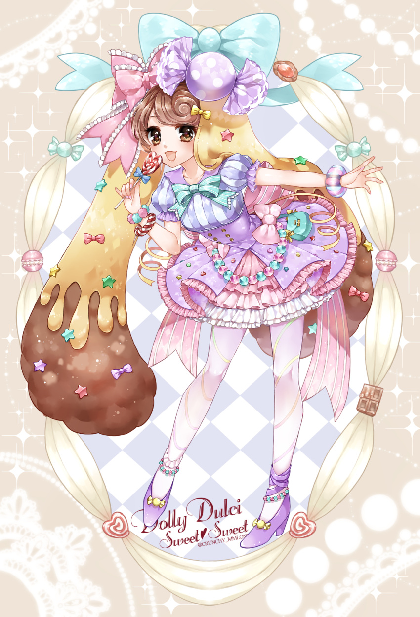 1girl :d argyle argyle_background bag bangle bangs blue_bow blush bow bracelet brown_eyes brown_hair candy candy_lapin_(show_by_rock!!) chino_machiko cookie dress english food food_themed_ornament frilled_bow frilled_sleeves frills group_name heart highres holding holding_food jewelry lace leaning_forward lollipop macaron open_mouth outstretched_arm pantyhose pink_bow puffy_short_sleeves puffy_sleeves purple_shoes shoes short_hair short_sleeves show_by_rock!! smile solo sparkle star swept_bangs twitter_username white_background wrapped_candy