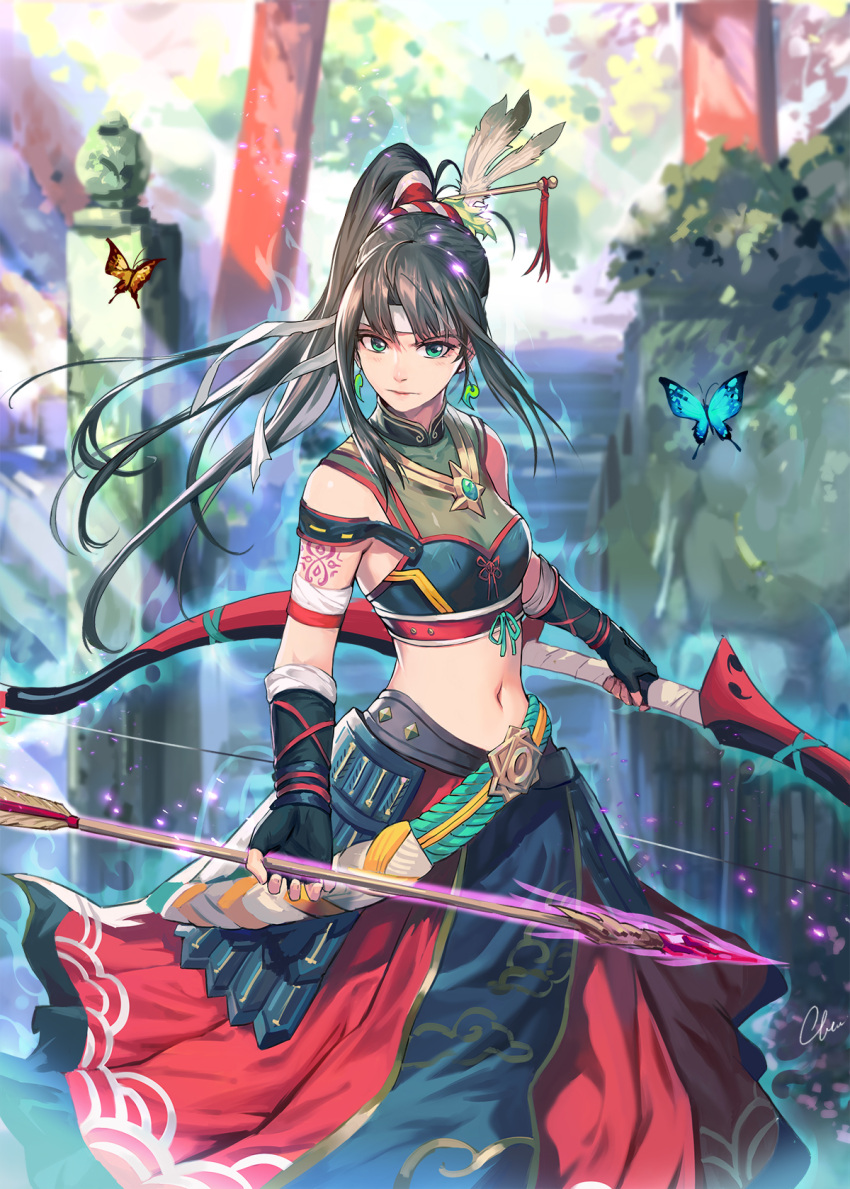 1girl arrow bible_bullet black_hair blurry blurry_background bow_(weapon) butterfly clare_(543) earrings fingerless_gloves gloves green_eyes highres jewelry long_hair looking_at_viewer midriff navel necklace outdoors ponytail skirt solo standing tattoo tori weapon